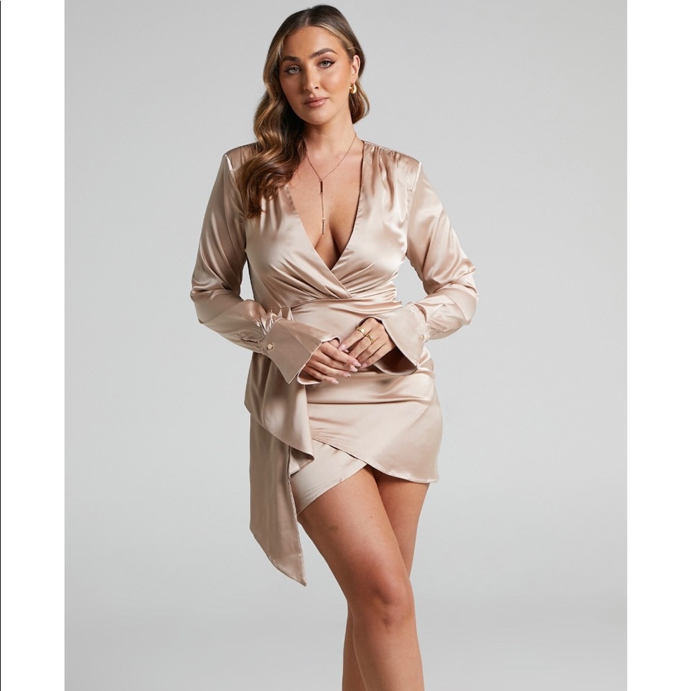 Showpo Cross Front Draped Sash Satin Mini Dress Champagne Size 4